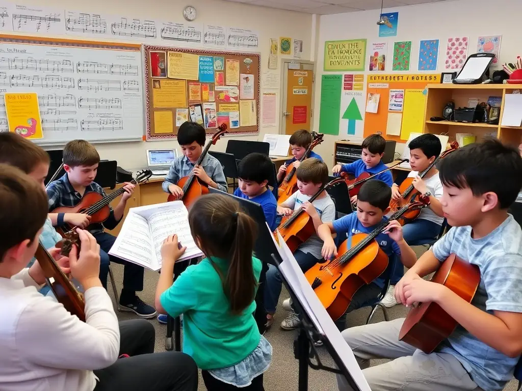 A vibrant classroom scene with students practicing instruments under the guidance of a music instructor, showcasing the Musical Education Programs offered by UNION VOSGIENNE DES BATTERIES FANFARES.