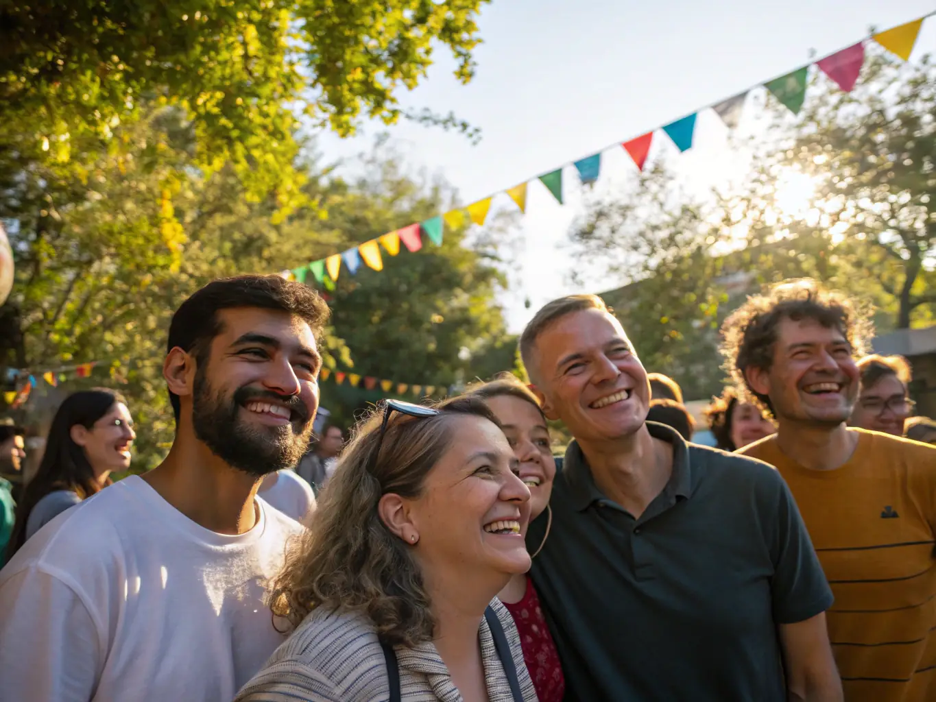 A diverse group of members of the Union Vosgienne des Batteries-Fanfares socializing and laughing together after a rehearsal, emphasizing the social cohesion within the organization.
