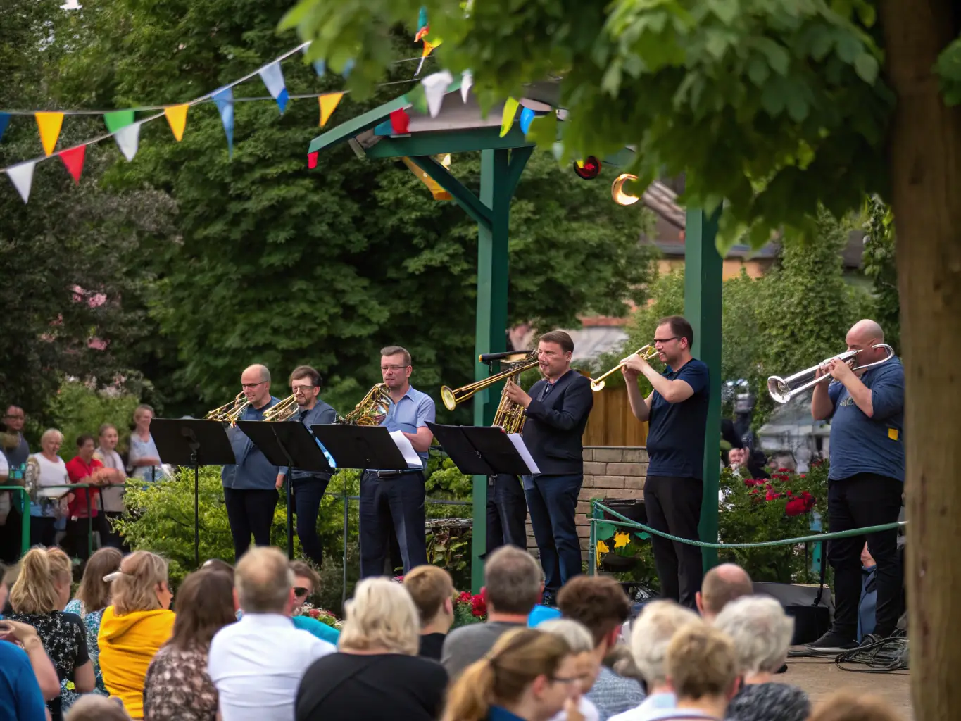 A lively image of the Union Vosgienne des Batteries-Fanfares performing at a local community event, with a diverse audience enjoying the music and the festive atmosphere.