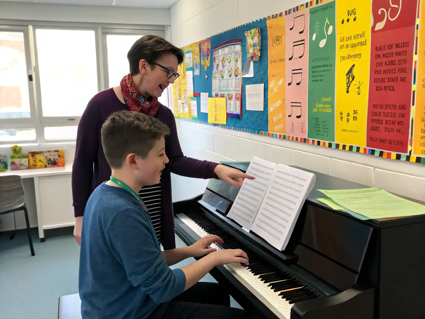 A vibrant image of a young student receiving personalized instruction on a brass instrument from an experienced instructor, set in a well-lit music room with various instruments in the background.