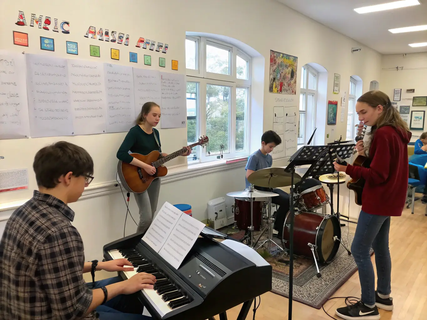 A group of young musicians practicing their instruments together in a bright, modern rehearsal room, showcasing the learning environment provided by the Union Vosgienne des Batteries-Fanfares.