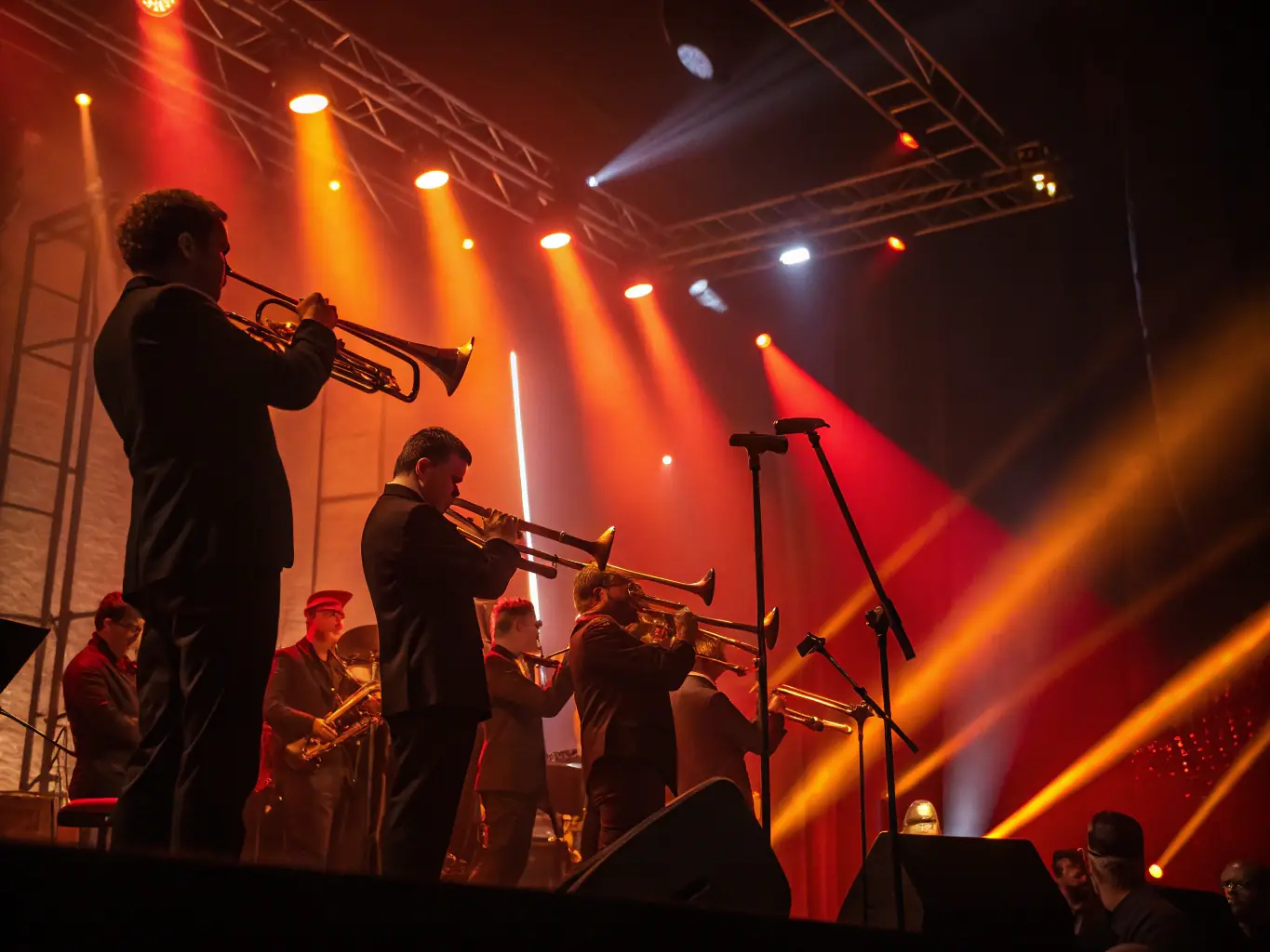 A dynamic photo capturing a full brass band rehearsing in a large hall, with musicians of all ages playing together harmoniously, showcasing the collaborative spirit of the group.