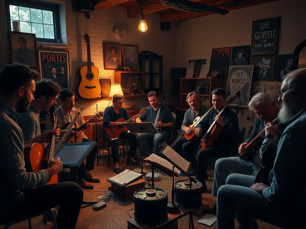 A group of musicians collaborating and rehearsing together, emphasizing the teamwork and community spirit fostered by UNION VOSGIENNE DES BATTERIES FANFARES.