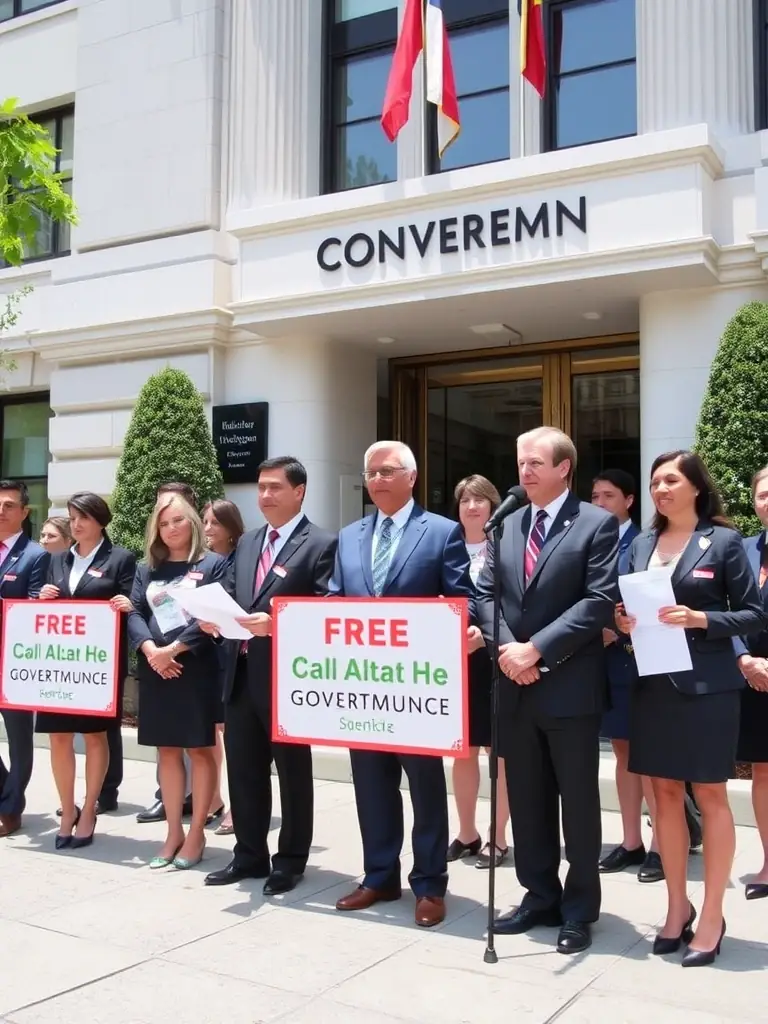 A photo of GFECLE representatives advocating for cancer research funding and patient access to care at a government building, emphasizing the organization's advocacy efforts.