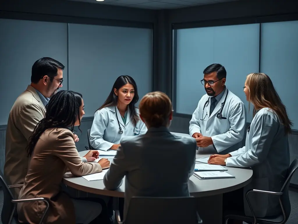 A photo of a diverse group of healthcare professionals collaborating in a conference room, discussing research findings and treatment strategies.