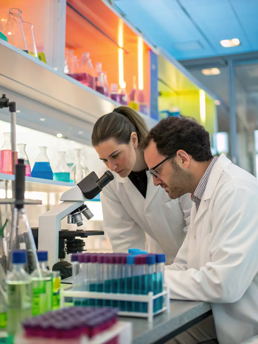 A close-up photo of scientists working with microscopes and lab equipment in a GFECLE-funded research lab, emphasizing the organization's commitment to scientific discovery.