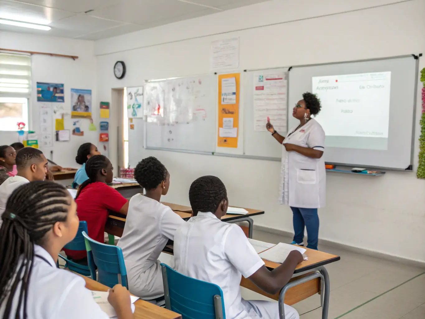 An image of a classroom setting where a medical professional is educating a group of students or healthcare providers about the latest advancements in cancer treatment.