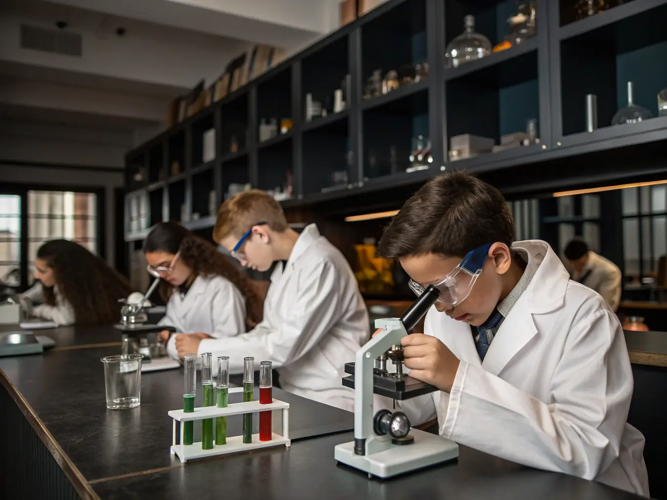 An image of scientists in a laboratory working with microscopes and research equipment, symbolizing scientific research and collaboration.